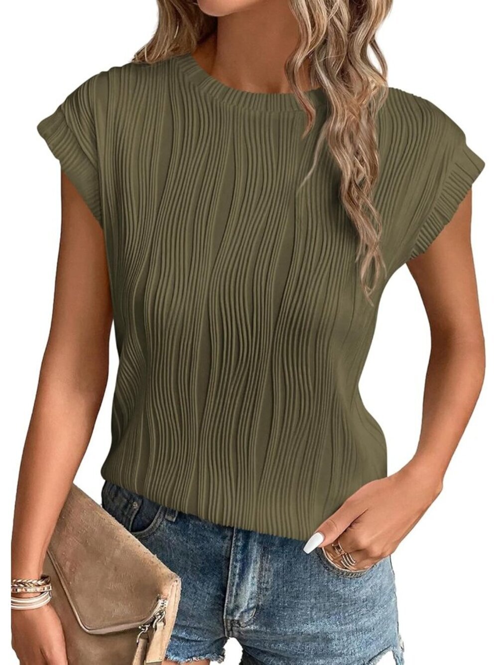 Women's Army Green Cap Sleeve Blouses Pull On Imported Casual Tops Shirts